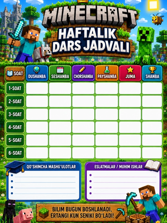 Haftalik dars jadvali,Matematika formulalari va ingliz tili qoidalari 3 talik toplam