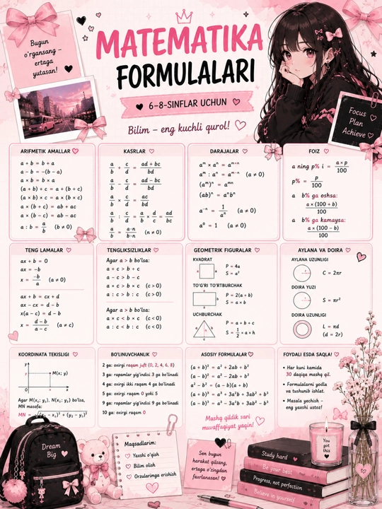Haftalik dars jadvali,Matematika formulalari va ingliz tili qoidalari 3 talik toplam