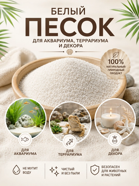 Turli vazndagi akvarium, terrarium va dekor uchun oq qum - 