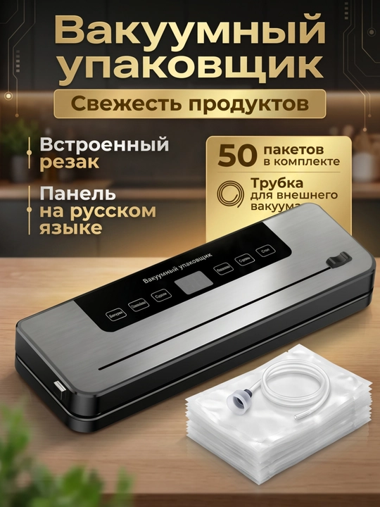 Oziq-ovqat mahsulotlari uchun vakuumli qadoqlovchi va plomba + 50 ta paket - 