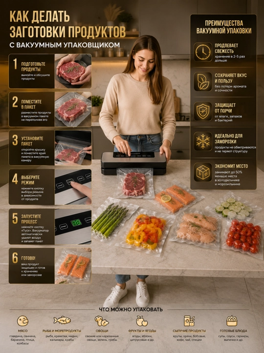 Вакуумный упаковщик и запайщик продуктов + 50 пакетов