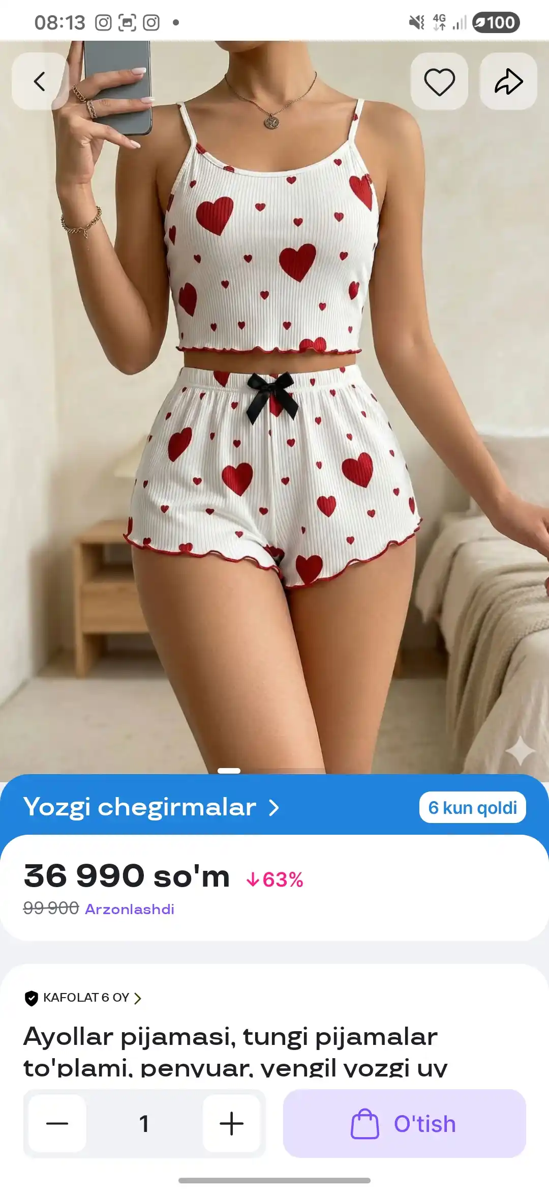 Ayollar pijamasi shortikli, uy uchun kiyim komplekti 