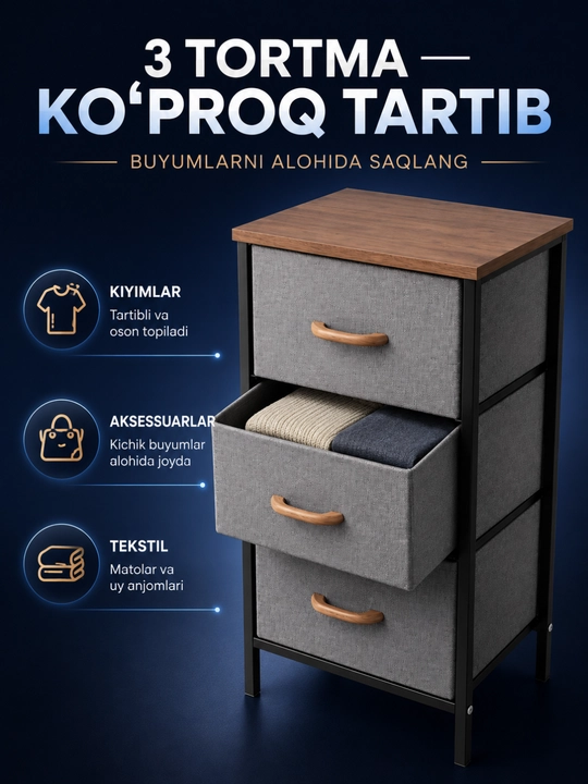 Kamod organayzer 3 qavatli matoli komod kiyim va buyumlar uchun - 