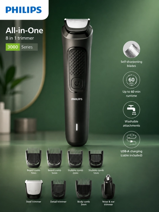 Philips 3000 Series 8в1 universal trimmer, soqol va soch olish mashinkasi - 