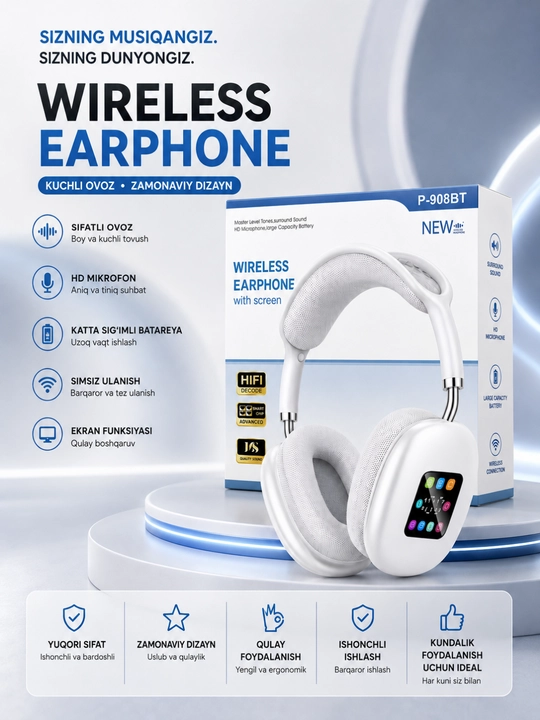 P-908BT simsiz Bluetooth sensorli ekran va mikrofonli quloqchinlar - 