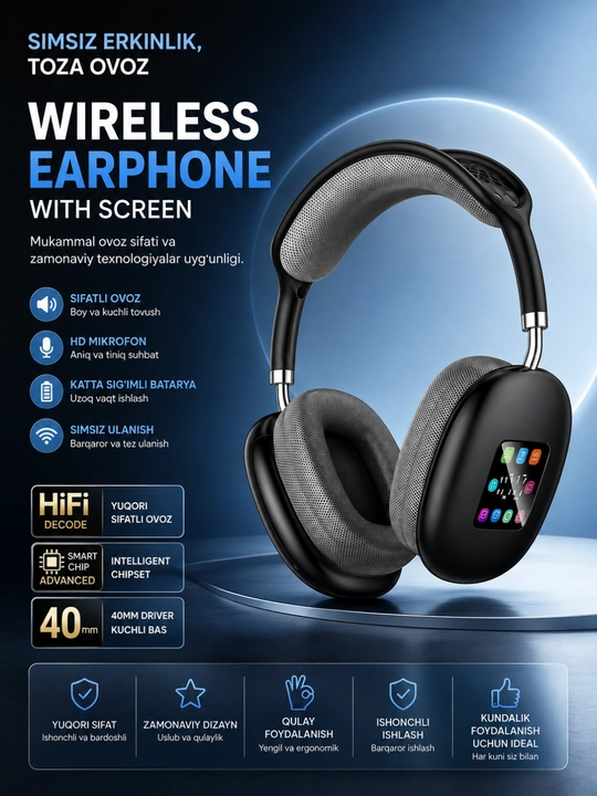 P-908BT simsiz Bluetooth sensorli ekran va mikrofonli quloqchinlar - 