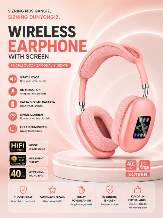 P-908BT simsiz Bluetooth sensorli ekran va mikrofonli quloqchinlar - 