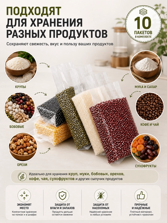 D vakuum paketlar, vakumator uchun oziq-ovqat va yorma saqlash paketlari, 10 dona