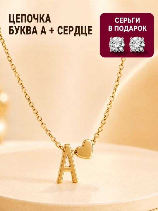 Цепочка с буквой и сердечком, золотистый именной кулон 40+5 см, подарок девушке