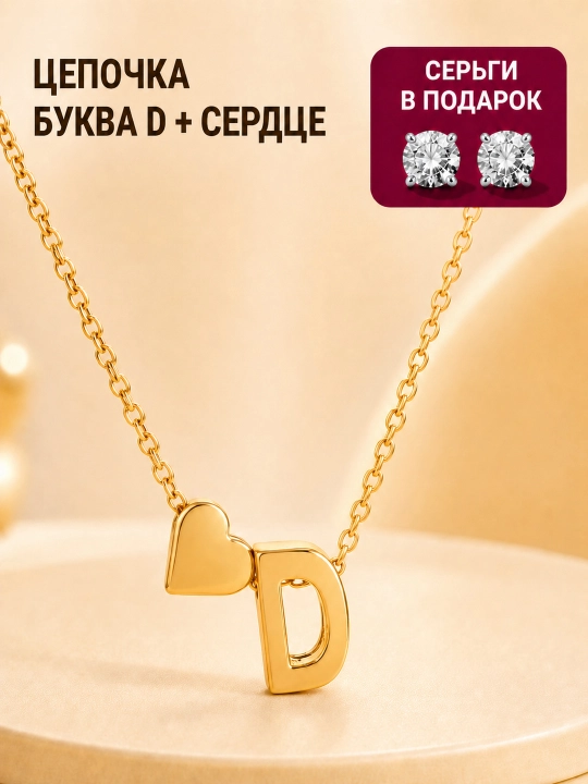 Цепочка с буквой и сердечком, золотистый именной кулон 40+5 см, подарок девушке