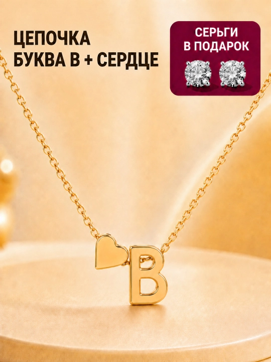 Цепочка с буквой и сердечком, золотистый именной кулон 40+5 см, подарок девушке