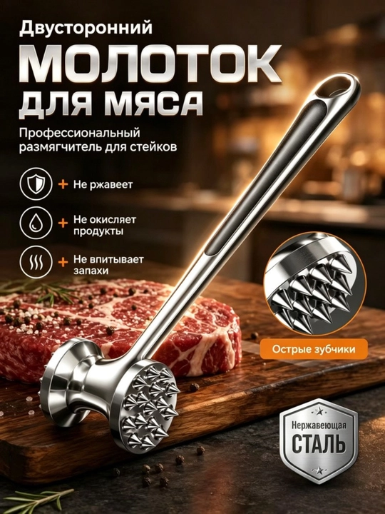 Двусторонний молоток для мяса, тендерайзер для отбивки и размягчения мяса - 