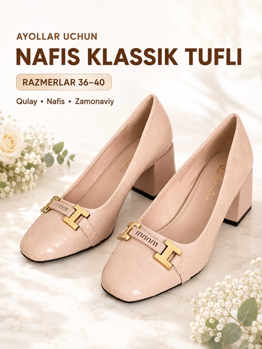 Ayollar oyoq kiyimi, ayollar qulay poshnali tuflisi, nafis bezakli, qalin poshna - 