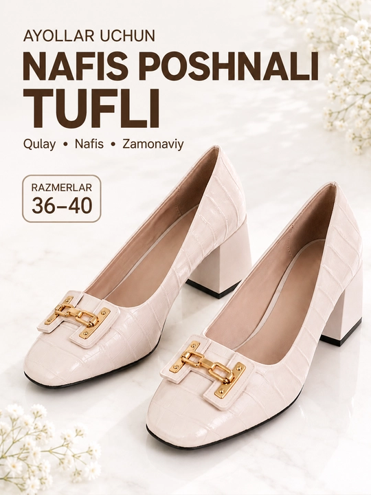 Ayollar oyoq kiyimi, ayollar qulay poshnali tuflisi, nafis bezakli, qalin poshna - 
