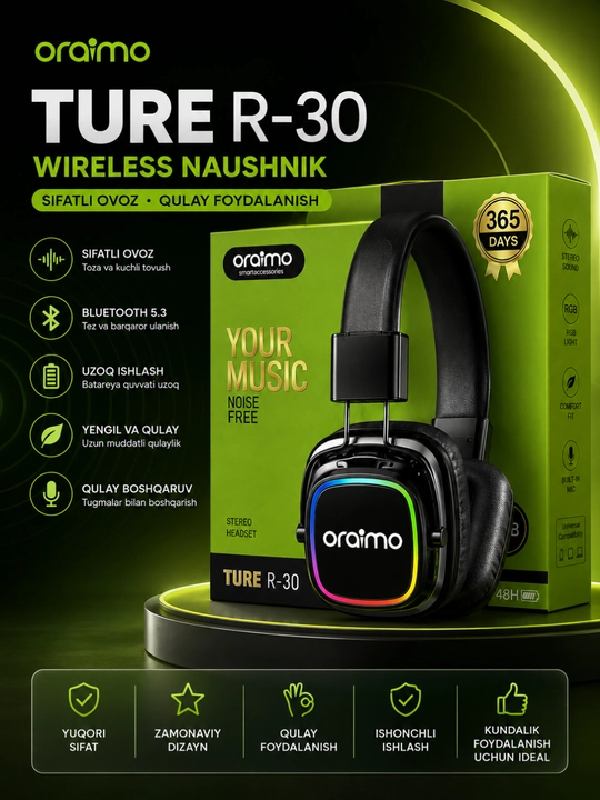 Oraimo TURE R-30 Simsiz Bluetooth Naushnik, RGB, Mikrofon, Stereo Ovoz, 48 Soat - 