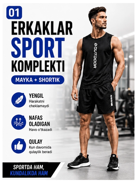 Erkaklar sport komplekti futbolka va shortik mashg‘ulotlar uchun nafas oluvchi sport kiyim - 