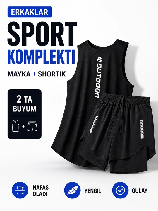 Erkaklar sport komplekti futbolka va shortik mashg‘ulotlar uchun nafas oluvchi sport kiyim