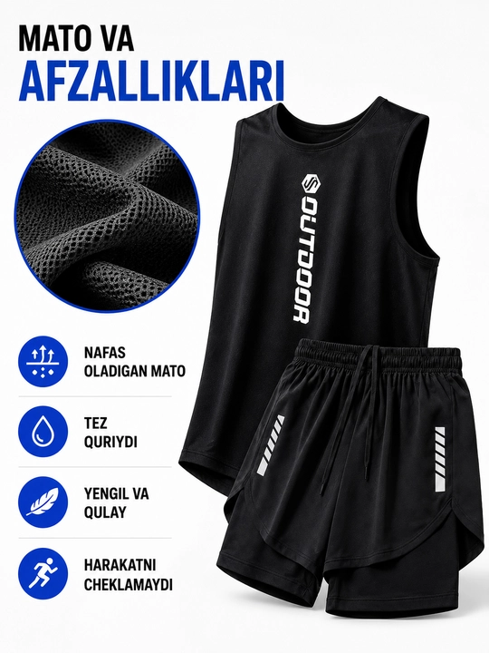 Erkaklar sport komplekti futbolka va shortik mashg‘ulotlar uchun nafas oluvchi sport kiyim