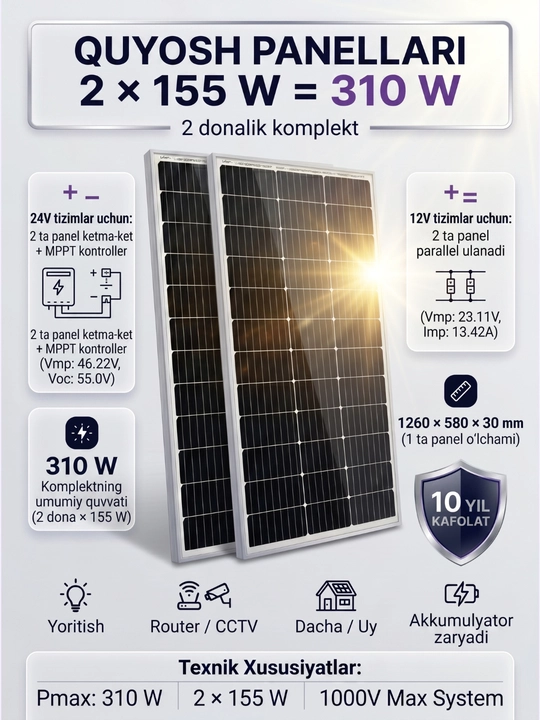 Quyosh paneli 310W, MONO, A-Klass, IP 69, 155W lik 2 panel
