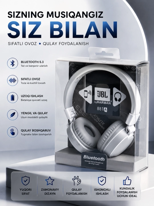 Kuchli bas va uzoq muddat xizmat qiladigan JBL 881A Bluetooth simsiz quloqchinlari - 