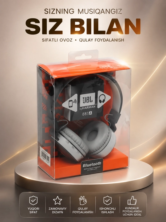 Kuchli bas va uzoq muddat xizmat qiladigan JBL 881A Bluetooth simsiz quloqchinlari - 