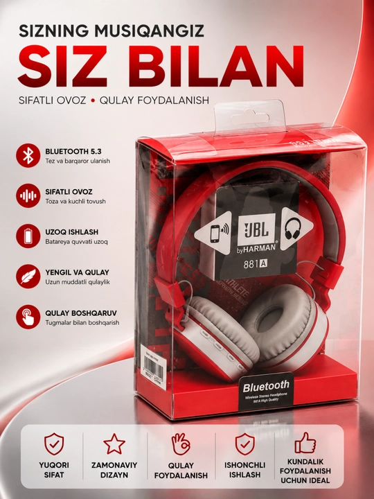 Kuchli bas va uzoq muddat xizmat qiladigan JBL 881A Bluetooth simsiz quloqchinlari - 