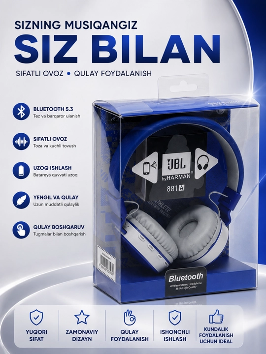 Kuchli bas va uzoq muddat xizmat qiladigan JBL 881A Bluetooth simsiz quloqchinlari - 
