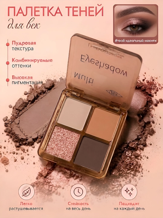 Тени для глаз, палетка 4 оттенка, матовые и блестящие тени, нюдовая палитра - 