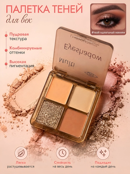 Тени для глаз, палетка 4 оттенка, матовые и блестящие тени, нюдовая палитра - 
