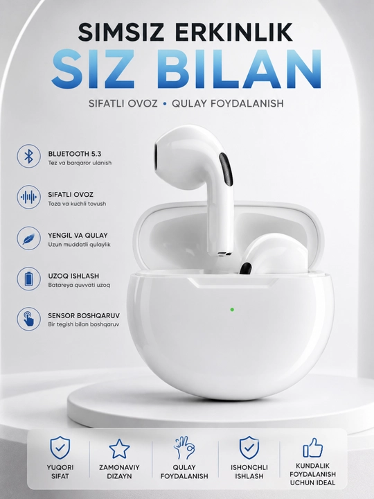 Pro 6 Bluetooth 5.3 simsiz TWS quloqchinlari sensorli boshqaruv va quvvatlash qutisi bilan - 