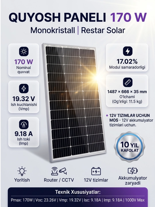 Quyosh paneli RestarSolar 170W Class A
