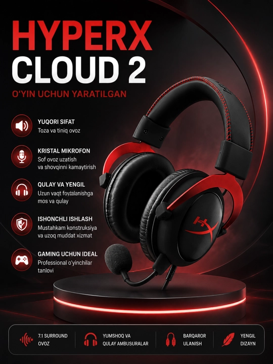 HyperX cloud 2, kompyuter, PS5, Xbox, noutbuk uchun stereo mikrofonli o‘yin garniturasi - 