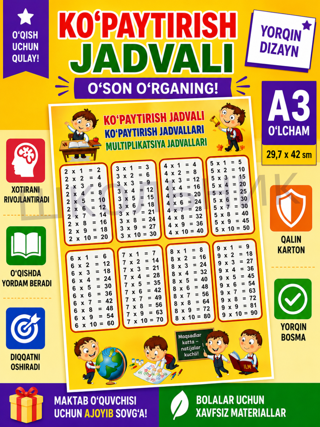Bolalar uchun o‘quv plakat, rasmli alifbo, raqamlar, dunyo xaritasi, O‘zbekiston xaritasi - 
