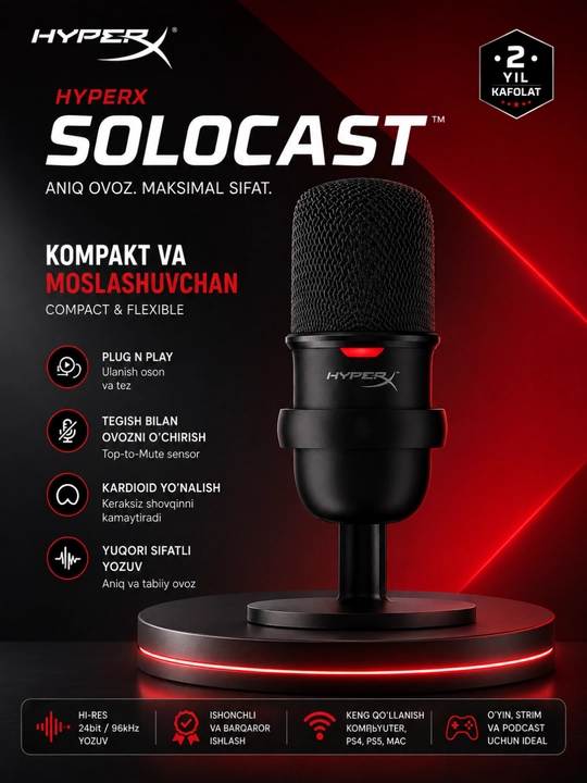 Hyperx solocast usb kondensator mikrofon streaming podcast gaming va yozuv uchun - 