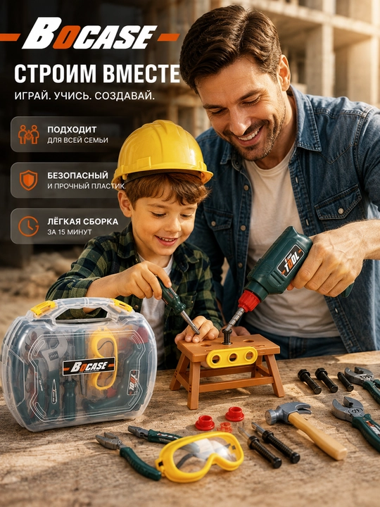 Набор инструментов для детей, игрушечный строительный набор в чемодане