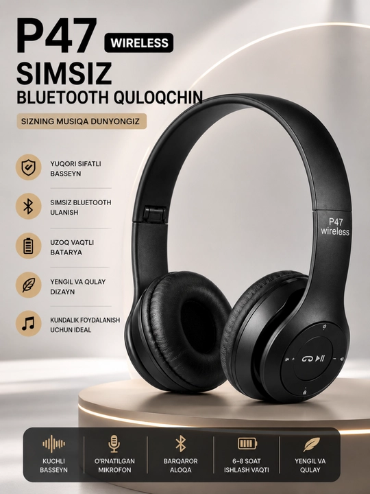 Stereo ovoz, TF karta, AUX va mikrofonli P47 Bluetooth simsiz quloqchinlari - 