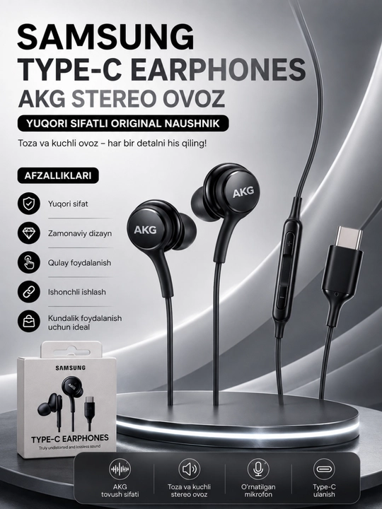Samsung AKG Type-C simli quloqchinlari Hi-Fi stereo ovozi va shovqinni kamaytirish bilan - 