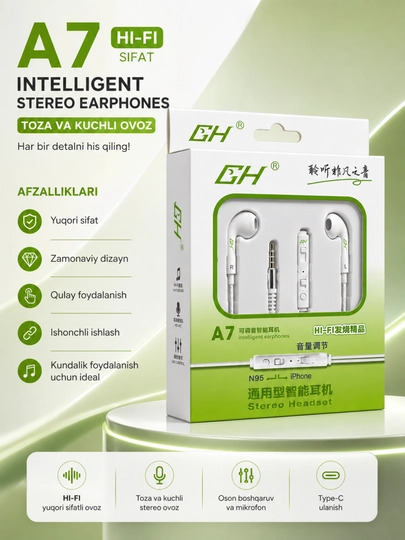 A7 stereo simli naushnik mikrofonli 3.5 mm quloqchin android va iphone qurilmalari uchun - 
