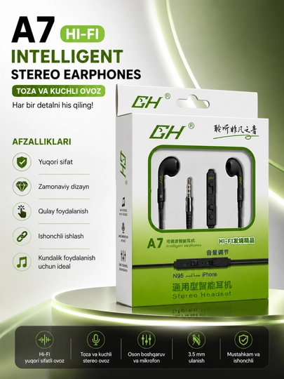 A7 stereo simli naushnik mikrofonli 3.5 mm quloqchin android va iphone qurilmalari uchun - 