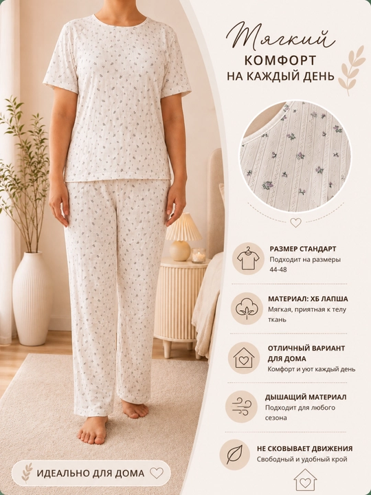 Ayollar pijamasi, standart o'lcham, paxtali lapsha mato