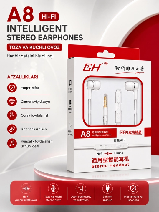 A8 stereo simli naushnik mikrofonli 3. 5 mm quloqchin android va iphone qurilmalari uchun - 