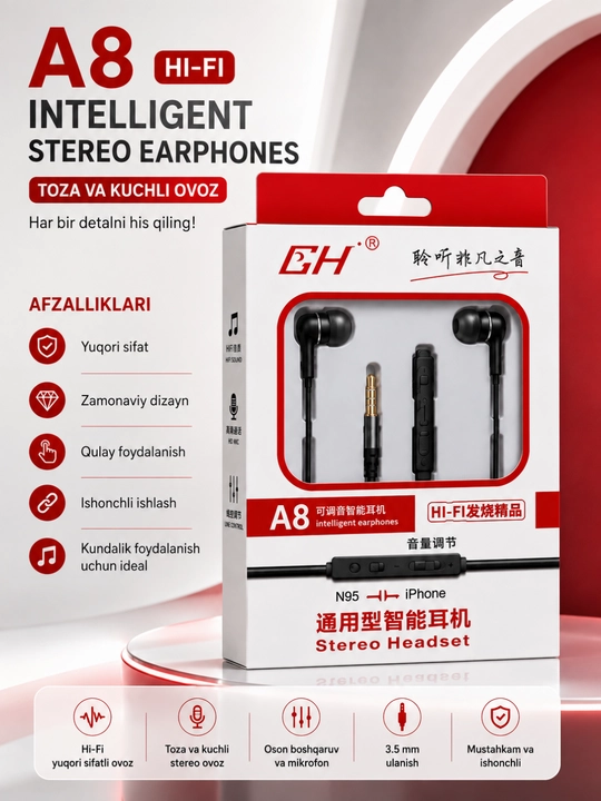 A8 stereo simli naushnik mikrofonli 3. 5 mm quloqchin android va iphone qurilmalari uchun - 
