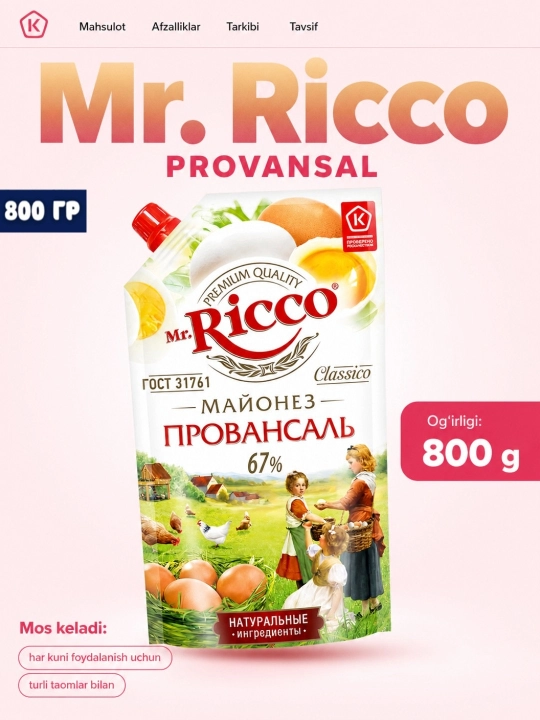 Mr.Ricco mayonezi 50%-67% assortimentda (220 ml, 400 ml, 800 ml) - 