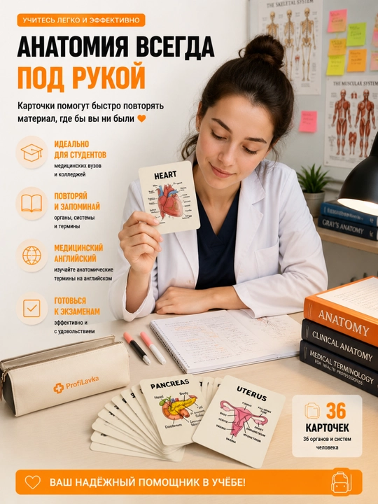 Анатомические карточки, 36 шт, для студентов-медиков, изучения анатомии и мед английского