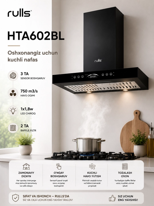 Кухонная вытяжка Rulls HTA602BL, сенсорное управление, LED-подсветка, 750 м³/ч - 