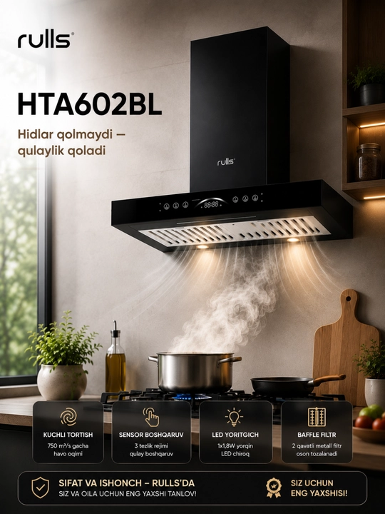 Кухонная вытяжка Rulls HTA602BL, сенсорное управление, LED-подсветка, 750 м³/ч