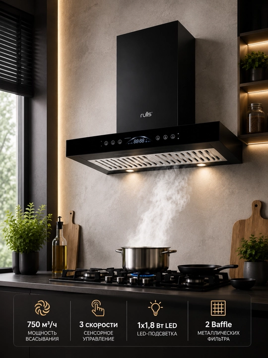 Кухонная вытяжка Rulls HTA602BL, сенсорное управление, LED-подсветка, 750 м³/ч