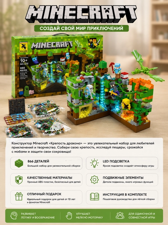 Конструктор Minecraft 866 деталей с LED-подсветкой, набор для сборки