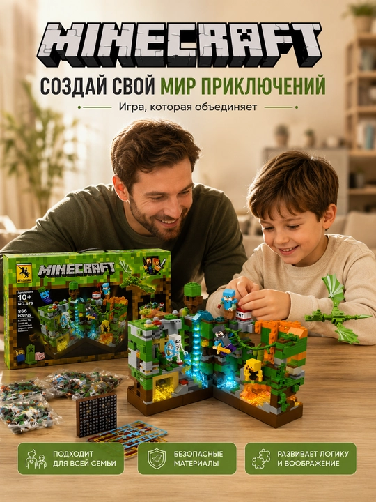 Конструктор Minecraft 866 деталей с LED-подсветкой, набор для сборки
