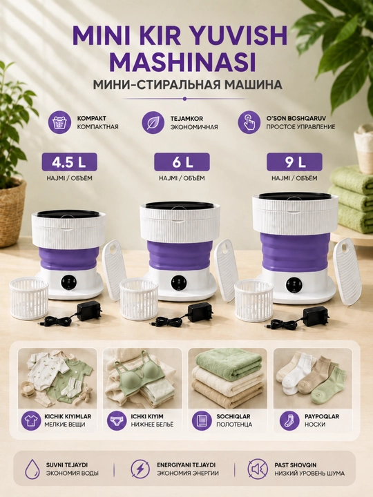 Yig‘ma yarim avtomatik mini kir yuvish mashinasi, 6 litrli ixcham model